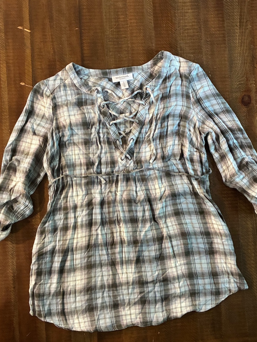 Motherhood Maternity Plaid Lace-Up Tunic in Beige and Blue